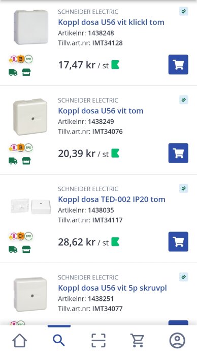 Prislista för olika Schneider Electric kopplingsdosor med priser från 17,47 kr till 28,62 kr, inklusive artikelnr och tillverkarnr.