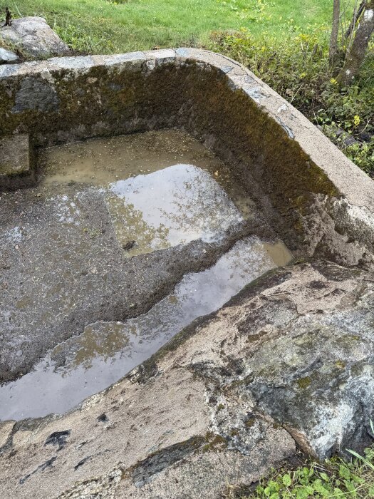 En gammal, mossbelagd pool med vatten och smutsig botten, omgiven av sten och grönt gräs i bakgrunden.