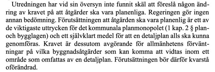 Utdrag ur lagtext om planmonopolet och behovet av åtgärders planenlighet enligt plan- och bygglagen.