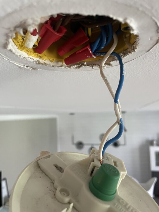 Elektrisk kopplingsdosa i tak med synliga blå och vita kablar redo för installation av taklampa.