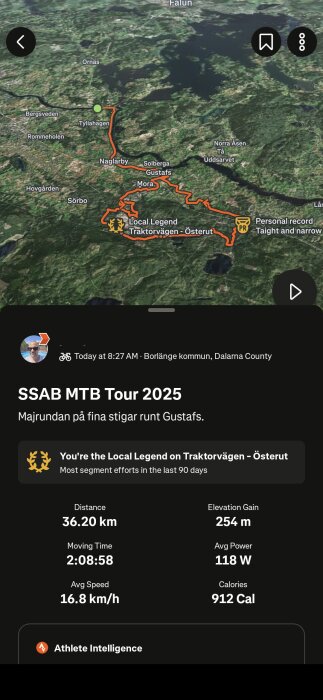 Karta över cykelrundan "SSAB MTB Tour 2025" runt Gustafs med detaljer om distans, höjdökning, tid och hastighet, samt utmärkelser och rekord.