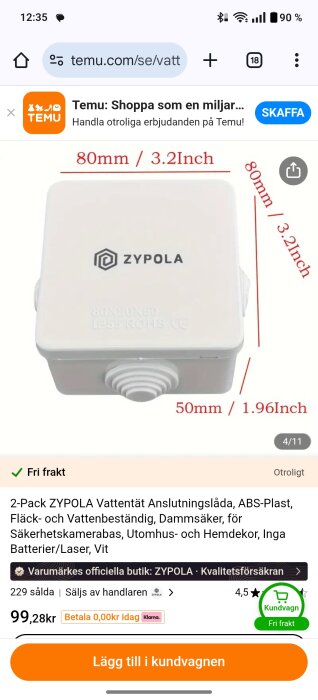 Vit ZYPOLA kopplingsdosa, 80x80x50 mm, stipulerad för utomhusbruk, visas med dimensioner och texten "2-Pack" samt pris 99,28 kr på en webbutik.