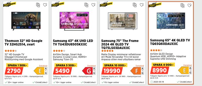 Annons för fyra TV-modeller: Thomson 32" HD, Samsung 43" 4K UHD, Samsung 75" The Frame, och Samsung 65" QLED med priser och spara-uppgifter.