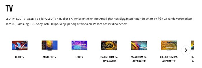 Olika typer av TV-apparater från märken som LG, Samsung och TCL visas med storlekar från 19 till över 85 tum, erbjudna hos Elgiganten.