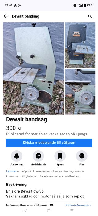 Äldre DeWalt bandsåg DW-35 utan sågblad och motor, står utomhus på mark fylld med gräs och stenar, säljes som reparationsobjekt.
