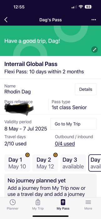 Interrail Global Pass-skärm med information om resdagar, giltighetsperiod och passdetaljer.