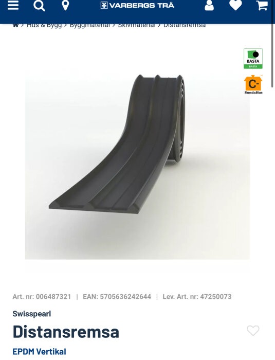 Svart distansremsa av EPDM vertikal från Swisspearl, använd för läkt, rullad delvis utrullad på en vit bakgrund.