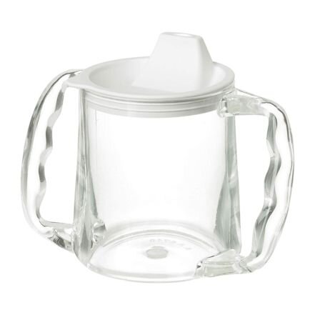 Transparent pipmugg med två handtag och vit lockdesign.