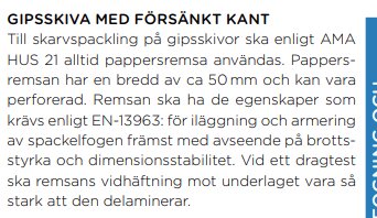 Text om användning av pappersremsa vid skarvspackling av gipsskivor enligt AMA HUS 21, inklusive specifikationer och standarder som EN-13963.