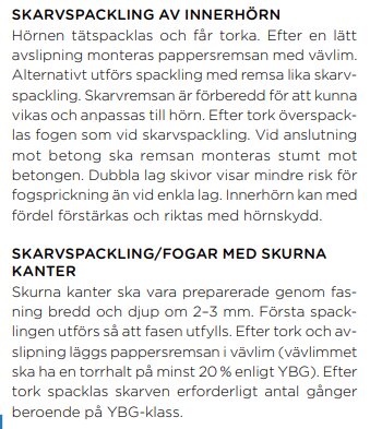 Text som beskriver metoder för skarvspackling av innerhörn och fogar med skurna kanter enligt branschstandard YBG.