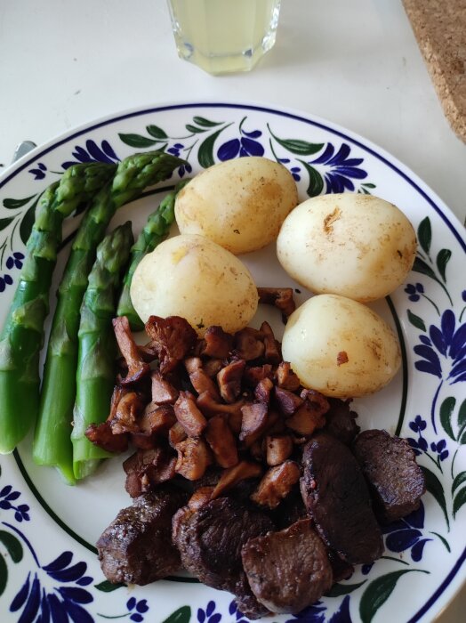 Tallrik med harfilé, nyplockad sparris, kantareller och färskpotatis.