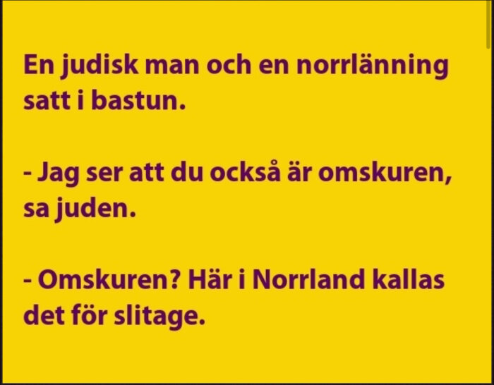 Text på gul bakgrund: En judisk man och en norrlänning i bastun pratar om omskärelse och slitage.