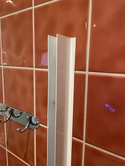 Duschväggslist fast med silikon mot röd kakelvägg, skruvar borttagna, monteringsproblem synligt.