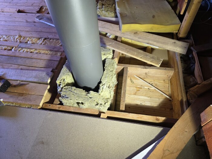 Kaminrör på vind med omgivande glasullsisolering och öppet golv med träreglar, visar situation vid installation av golvspånskivor.