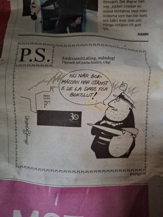 Tidningsklipp av en tecknad serie från GP med karaktär som säger "Nu när bokmässan har stängt e de la dags för bokslut!".