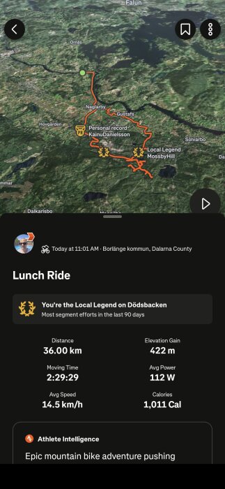 Karta över en cykelrutt i Dalarna med detaljer om distans, höjdstigning och tid; användaren är lokal legend på Dödsbacken enligt appen.