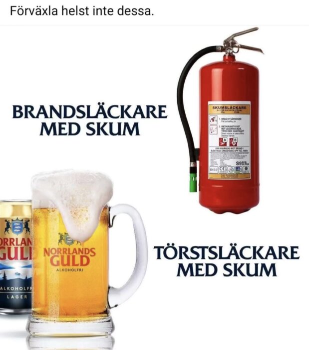 Brandsläckare med skum och öl från Norrlands Guld. Text: "Förväxla helst inte dessa.