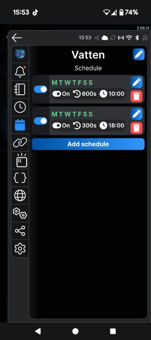 Schemaläggning för automatiskt bevattningssystem med två tidsinställningar, aktiverad på en mobilapp.