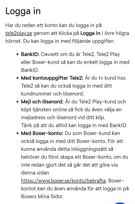 Inloggningsinstruktioner för tele2play.se med olika alternativ som BankID, Tele2-kontouppgifter, mejl och lösenord, samt Boxer-konto.