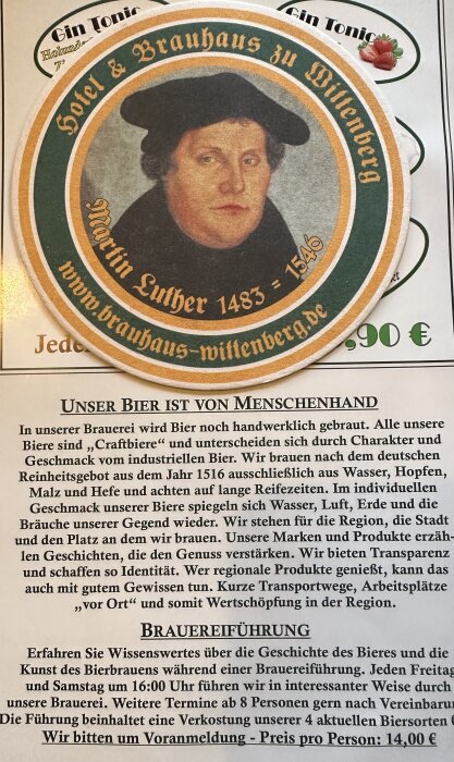 Ölunderlägg från Hotel & Brauhaus zu Wittenberg med porträtt av Martin Luther och text om bryggeriets hantverksöl och historiska bryggeriturer i Wittenberg.