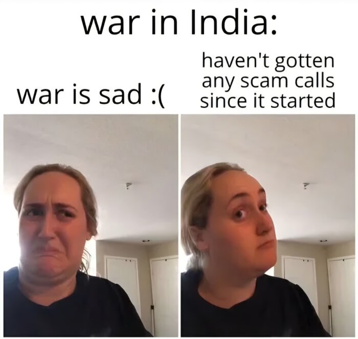 Kvinna med skeptisk och eftertänksam min. Text beskriver en motsägelsefull reaktion till konflikten i Indien och avbrottet av bedrägerisamtal.