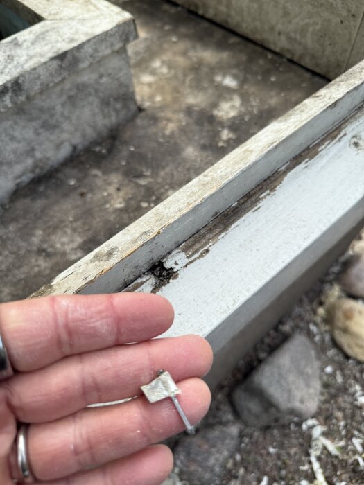 En hand håller en vit plastbit och spik ovanför en sliten fönsterkarm som visar tecken på vattenskada.