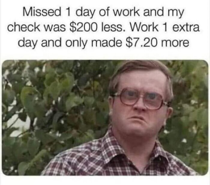 En person med glasögon ser förvirrad ut. Text ovanför säger: "Missed 1 day of work... $200 less. Work 1 extra day... $7.20 more.