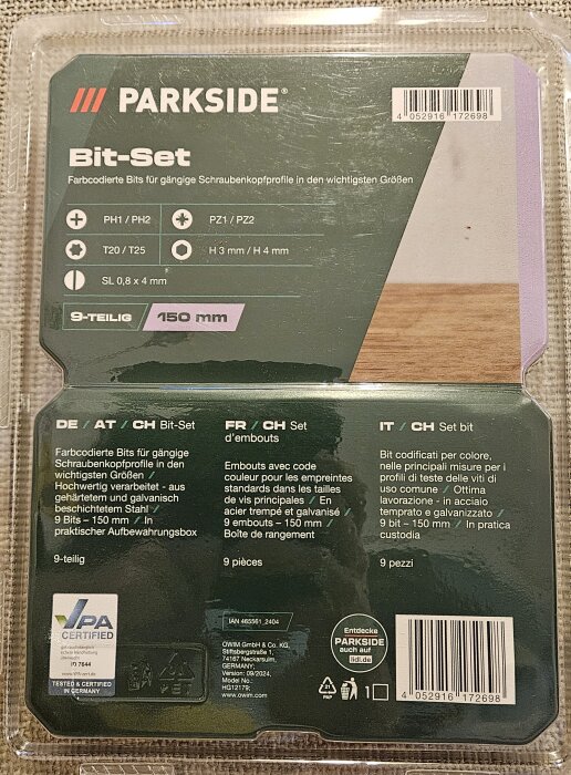 Paket med Parkside skruvbits från Lidl, 9-delar, färgkodade, storlek 150 mm, inkluderar PH, PZ, Torx och insex. Text på tyska, franska, italienska.