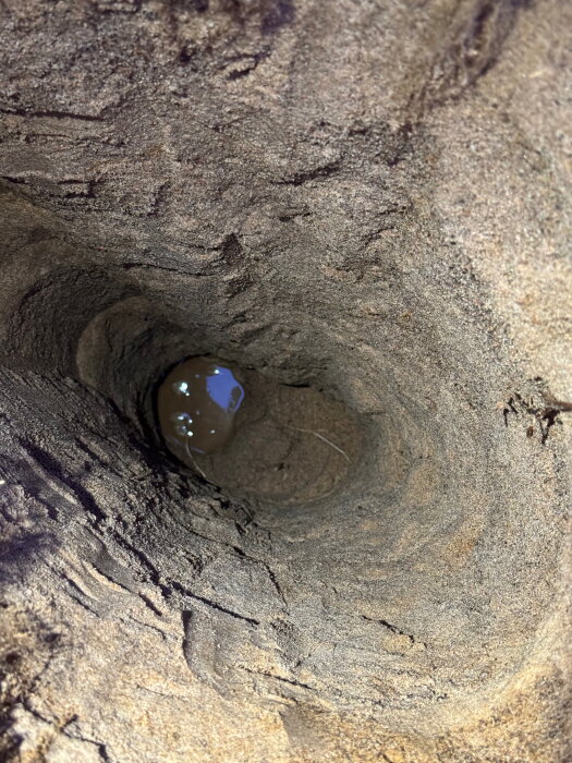 Grop grävd i sandig jord med synliga mindre stenar vid botten och mörkare markeringar som indikerar fukt.