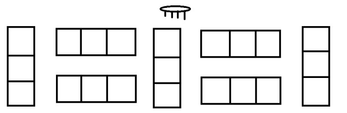 Planritning av odlingslådor i rader med en central fyrvägsventil för vattenförsörjning markerad ovanpå, totalt 21 lådor.