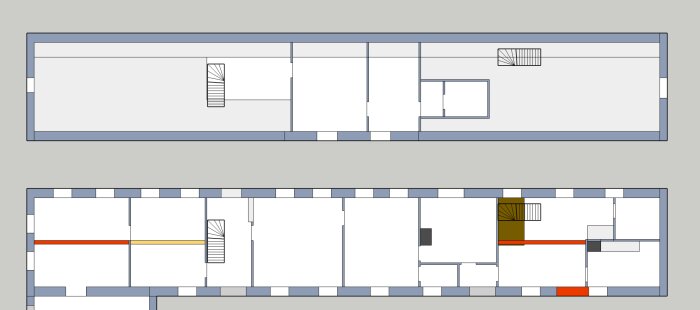 Skiss av husplan med vind och markplan, visar rum, trappor, innerväggar och murstockar. Röda och orange linjer markerar balkar, brunt markerar potatiskällare.