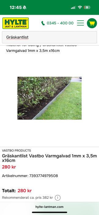 Gräskant av varmgalvat stål, längs buskar och gräsmatta, 1mm x 3,5m x 16cm, från Hylte Jakt & Lantman, artikelnummer 7393774979508.