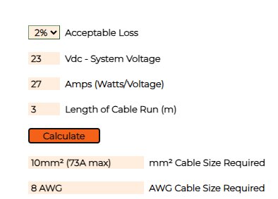 Kabelberäkningsverktyg visar 10mm² kabelstorlek för 27 Amp och 3 meter längd med 2% accepterad förlust vid 23 V systemspänning.