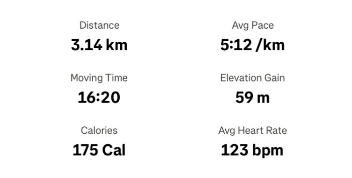Träningsstatistik visar 3,14 km distans, 5:12/km snittfart, 16:20 rörelsetid, 59 m höjdökning, 175 kalorier, 123 bpm snittpuls.