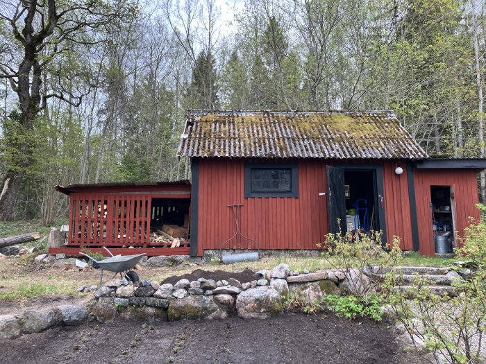 Röd träbod med mossbelagt eternittak, skadat i kanterna. Omgiven av träd och buskar, skottkärra i förgrunden.