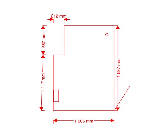 Planritning av en liten bastu med måttangivelser: 212 mm, 580 mm, 1117 mm, 1206 mm och 1697 mm. Dörr längst ner till höger, aggregat längst ner till vänster.