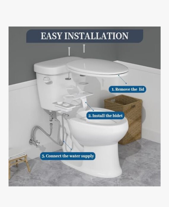 Instruktioner för installation av bidésits på toalett, med steg att ta bort locket, installera bidén och ansluta vattentillförseln.