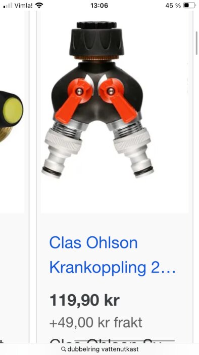 Dubblerad krankoppling med två orange reglage och anslutningar för slangar, förpackning text: Clas Ohlson Krankoppling.