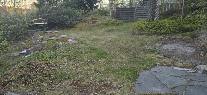 Trädgård med ojämna gräsytor, stora mörka stenhällar, buskage och en träbänk mot en bakgrund av träd och trästaket.