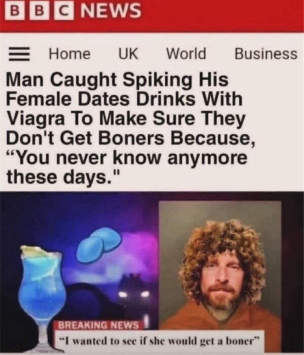 En påhittad nyhetsrubrik om man som spetsar kvinnliga dejters drinkar med Viagra, med blå drink och pillerbild.