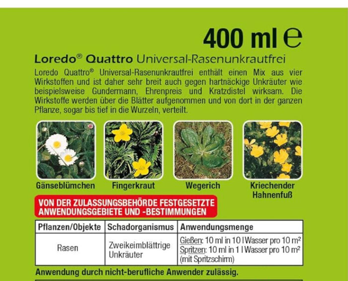 Förpackning av Loredo Quattro ogräsmedel, 400 ml, med bilder av ogrästyper och appliceringsanvisningar på tyska.