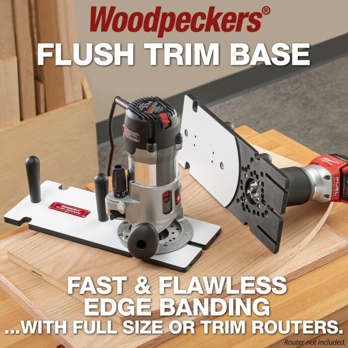 Verktyg för kantlistning med texten "Woodpeckers Flush Trim Base" vid en arbetsbänk.