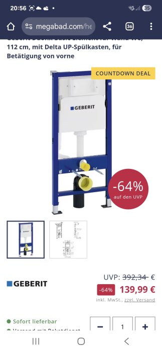 Geberit väggfixtur för toalett med prisreduktion på 64% till 139,99 € visas på en webbsida med köpknappar.