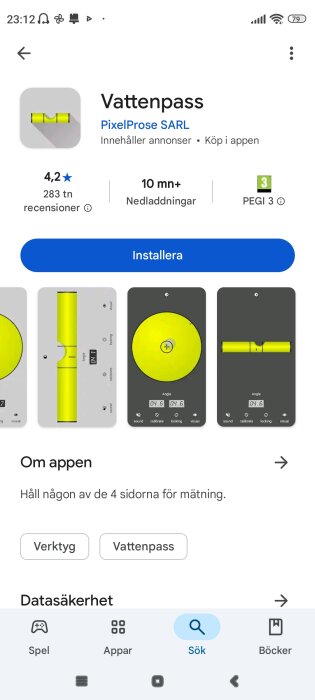 Appbutikssida för en vattenpassapp med ikoner, betyg och nedladdningar.