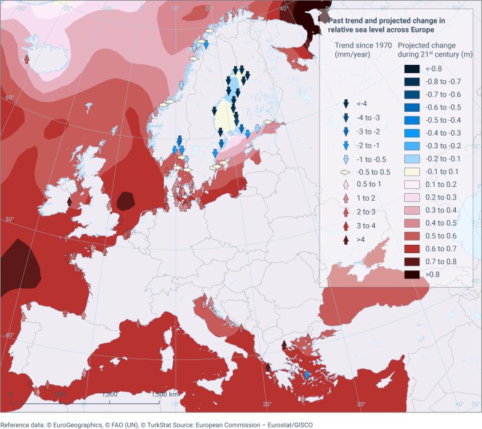 Karta över Europa som visar förändring i relativ havsnivå från 1970 och prognoser för 2000-talet. Färger indikerar trender och framtida förändringar i meter.