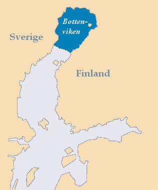 Karta över Bottenviken som visar dess läge mellan Sverige och Finland.