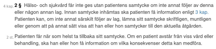Paragraph from Swedish patient law about consent requirements in healthcare.