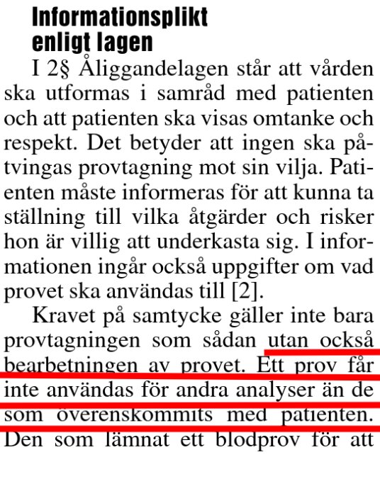 Text från lagtext om informationsplikt, betonar att prover inte får användas för andra analyser än de som överenskommits med patienten.