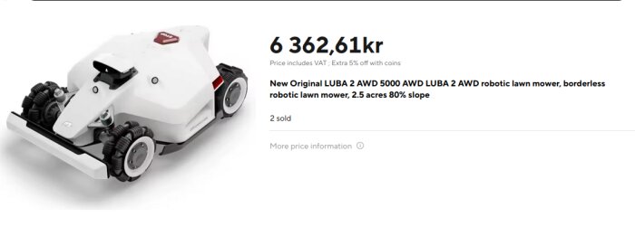 Vit RTK-robotgräsklippare med flera hjul, säljes för 6362,61 kr på Aliexpress. Modellen beskrivs som gränslös med kapacitet för 2,5 tunnland och 80% lutning.