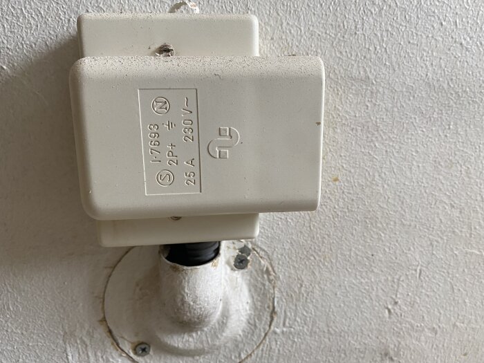 Väggmonterat eluttag med märkning “25 A 230 V” syns tydligt. Uttaget är avsett för spisanslutning, beläget på en vit vägg.